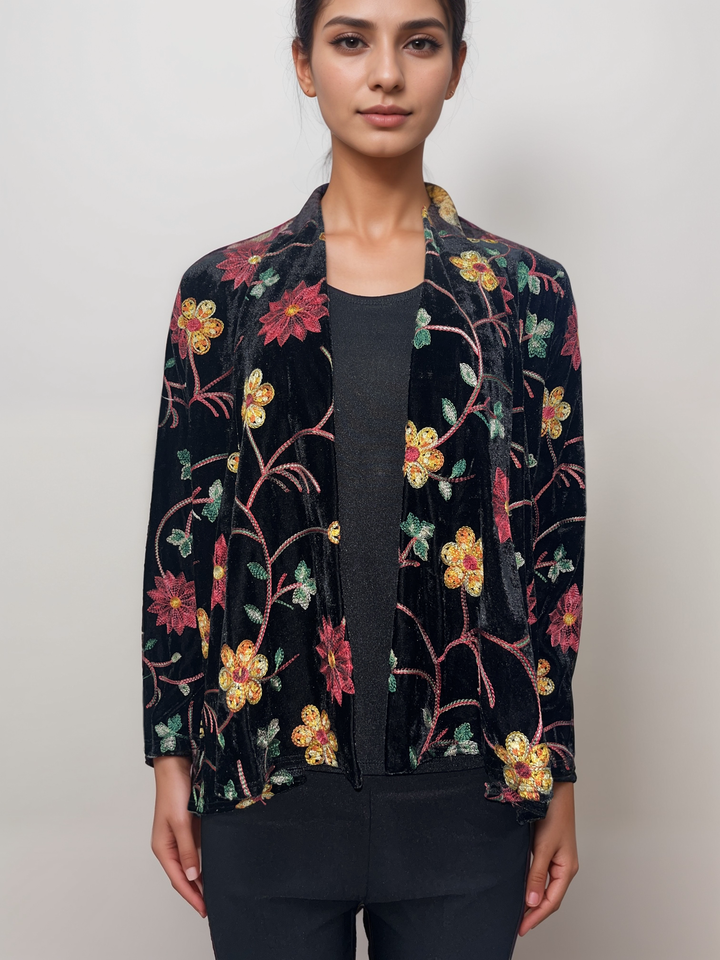 Embroidered Floral Velvet Cardigan - Black Multicolor