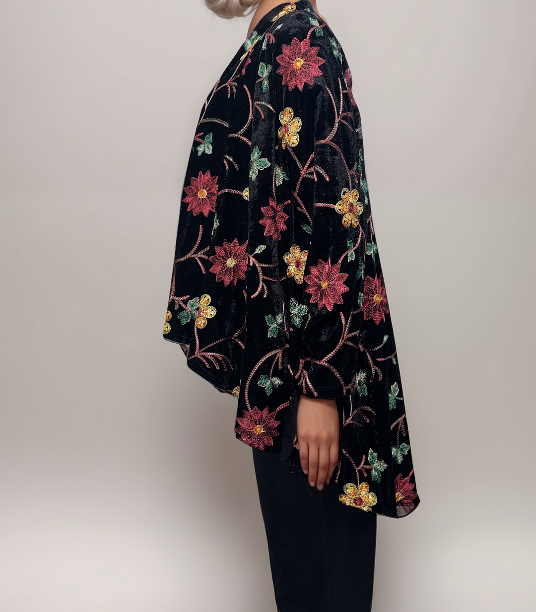 Embroidered Floral Velvet Cardigan - Black Multicolor