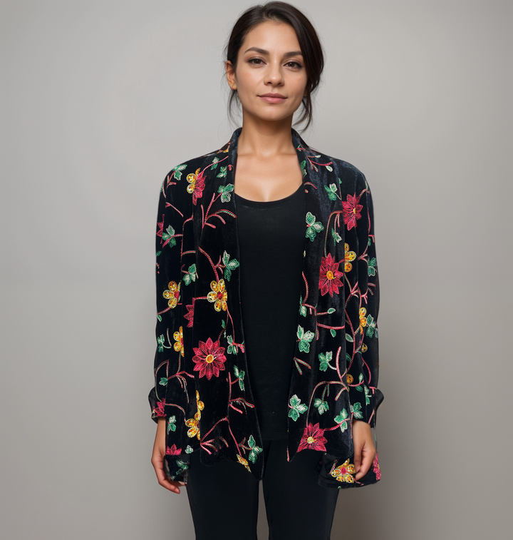 Embroidered Floral Velvet Cardigan - Black Multicolor