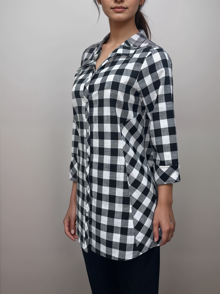 Black and White Checkered - Plaid Button-Down Tunic