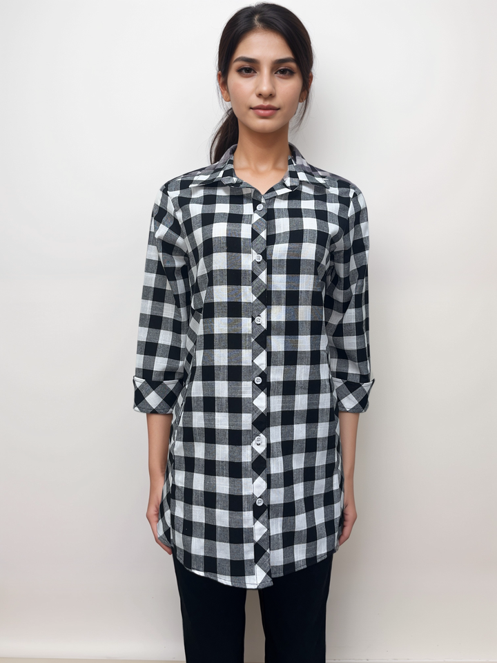 Black and White Checkered - Plaid Button-Down Tunic