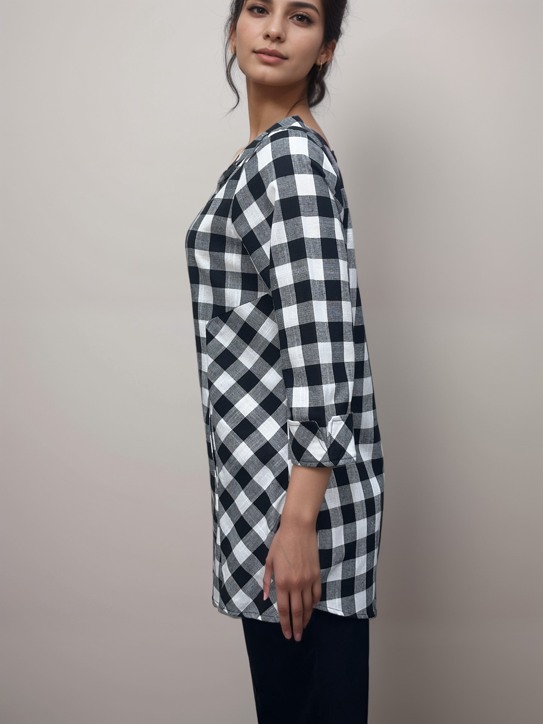 Black and White Checkered - Plaid Button-Down Tunic