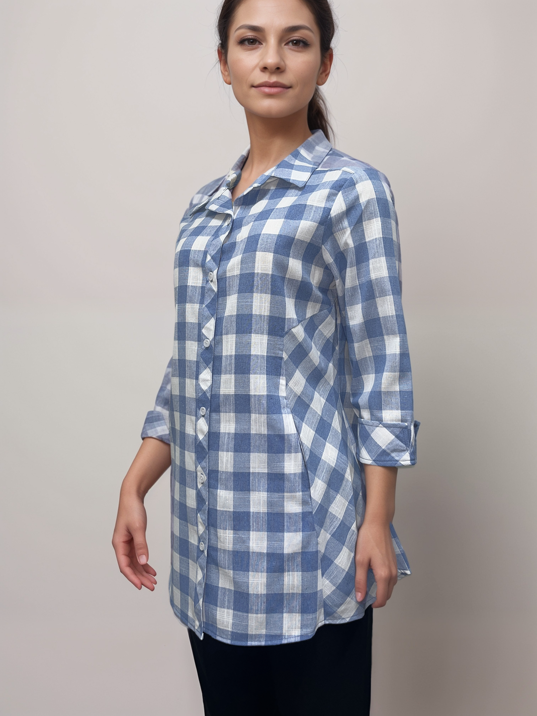 Cornflower Blue and White Checkered - Plaid Button-Down Tunic