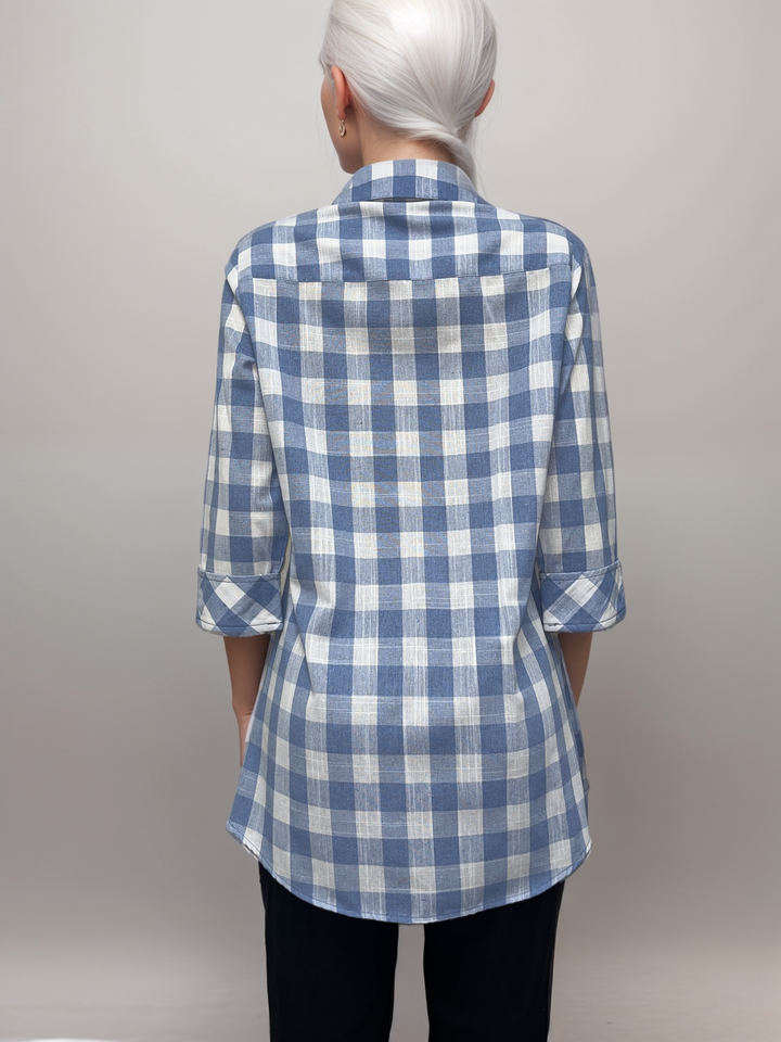 Cornflower Blue and White Checkered - Plaid Button-Down Tunic