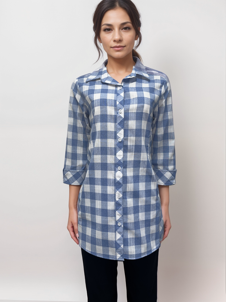 Cornflower Blue and White Checkered - Plaid Button-Down Tunic