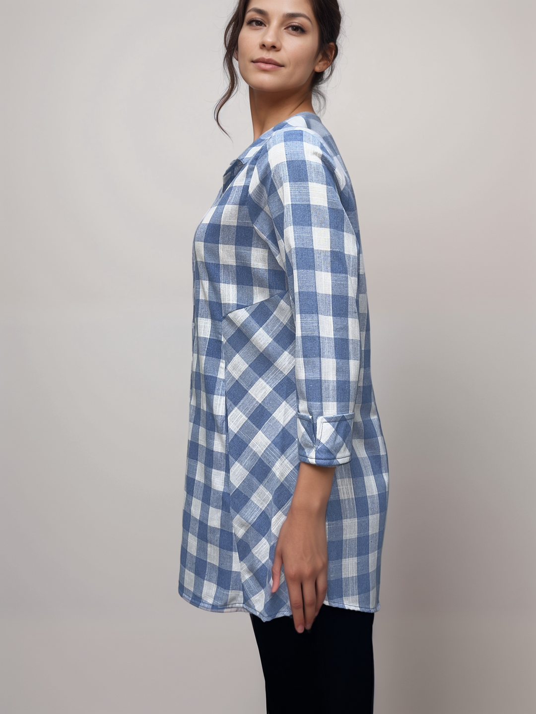 Cornflower Blue and White Checkered - Plaid Button-Down Tunic