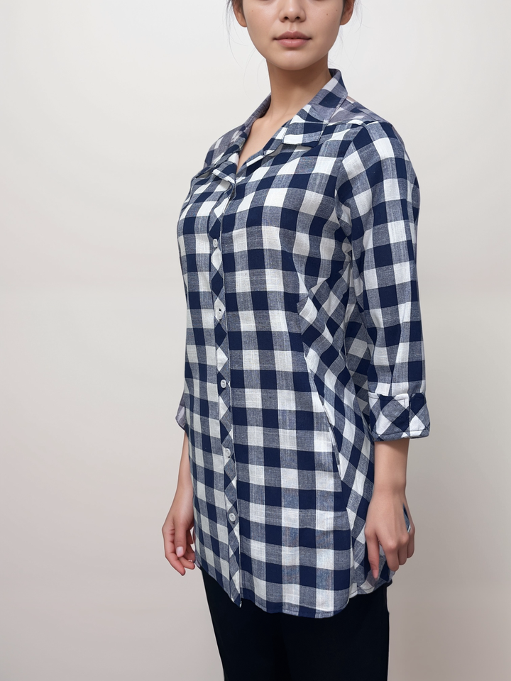 Navy and White Checkered - Plaid Button-Down Tunic