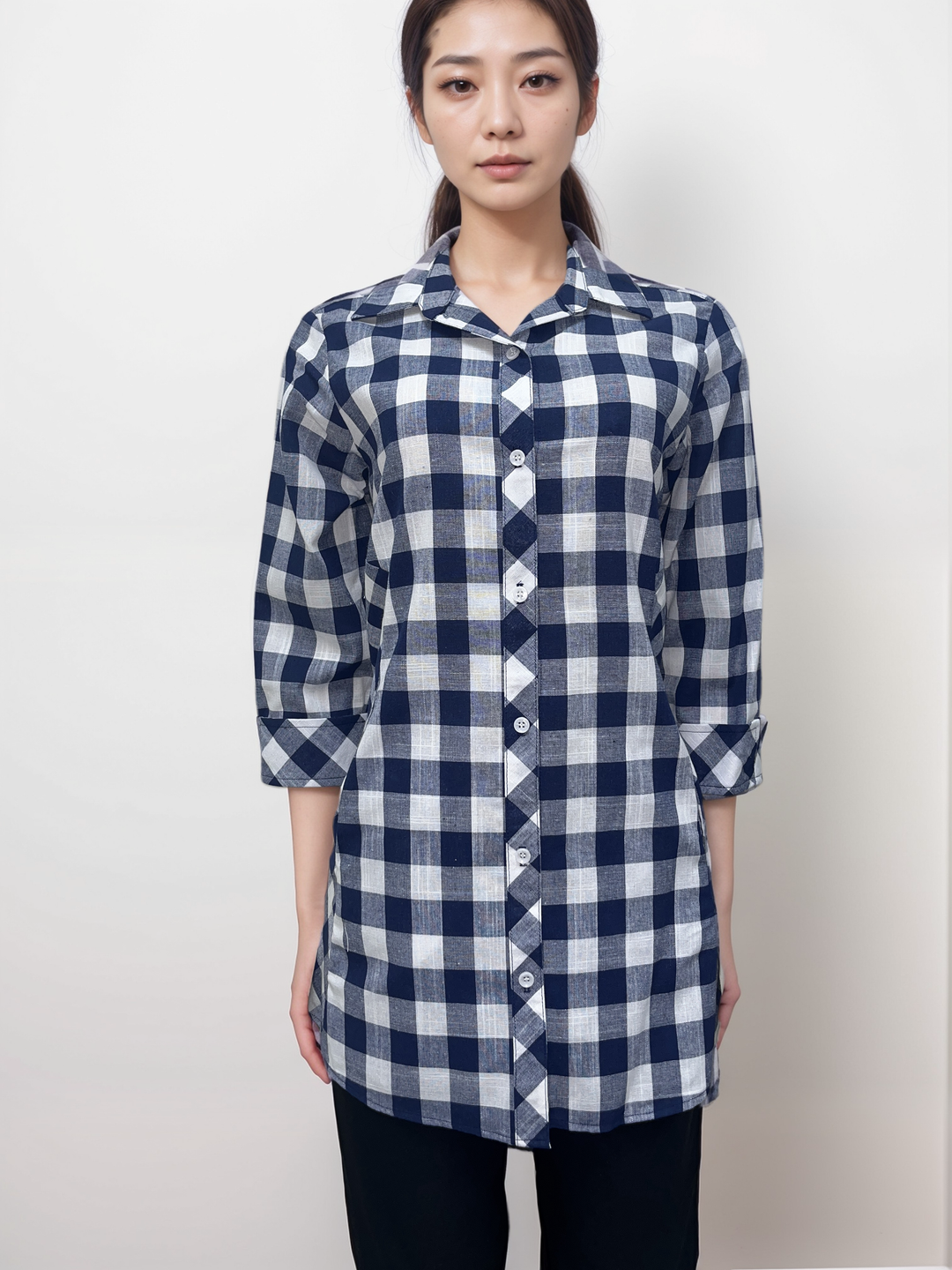 Navy and White Checkered - Plaid Button-Down Tunic