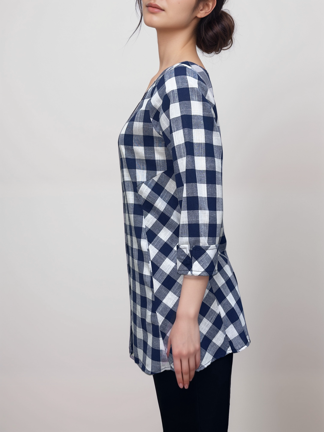 Navy and White Checkered - Plaid Button-Down Tunic