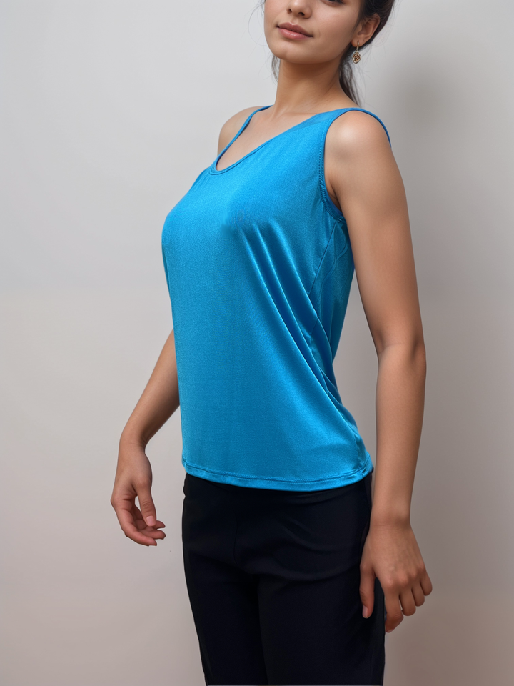 Camiseta sin mangas de acetato color turquesa océano