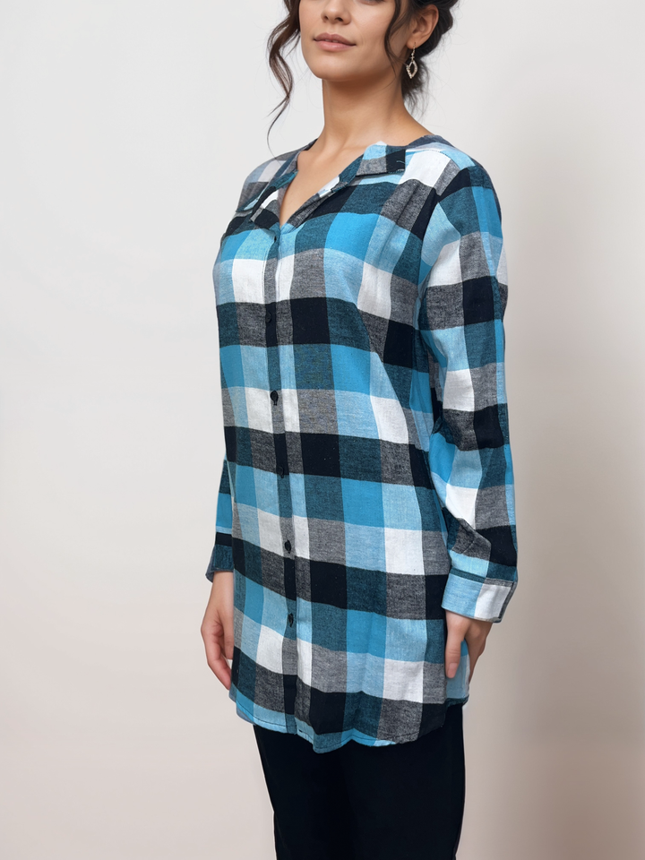 Plaid Flannel Button-Up Shirt - Teal and Black