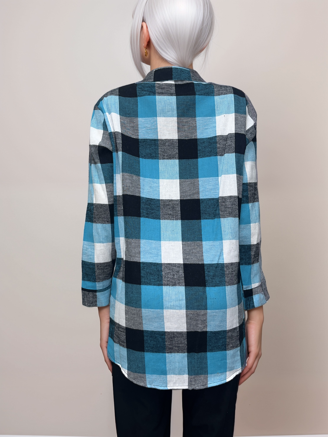 Plaid Flannel Button-Up Shirt - Teal and Black