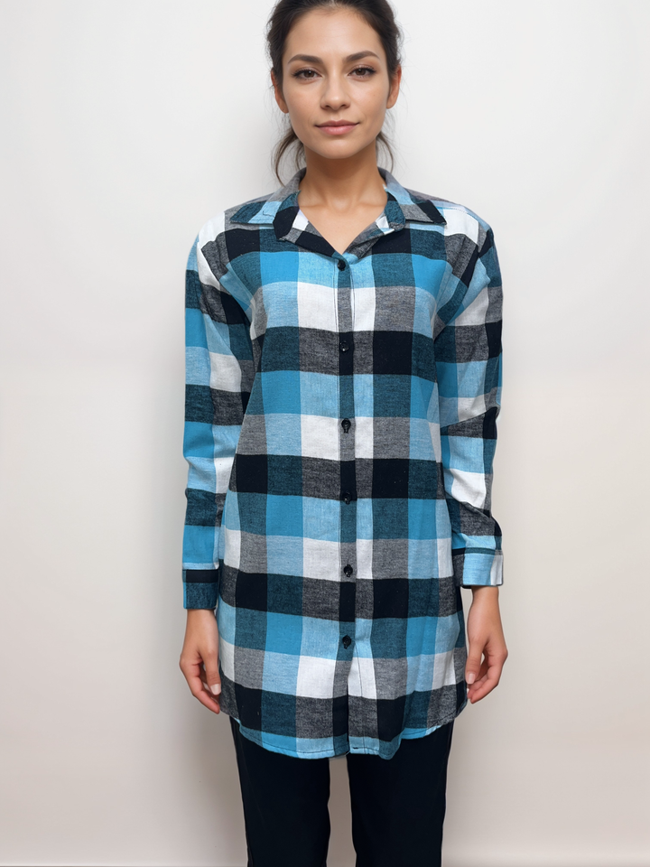 Plaid Flannel Button-Up Shirt - Teal and Black