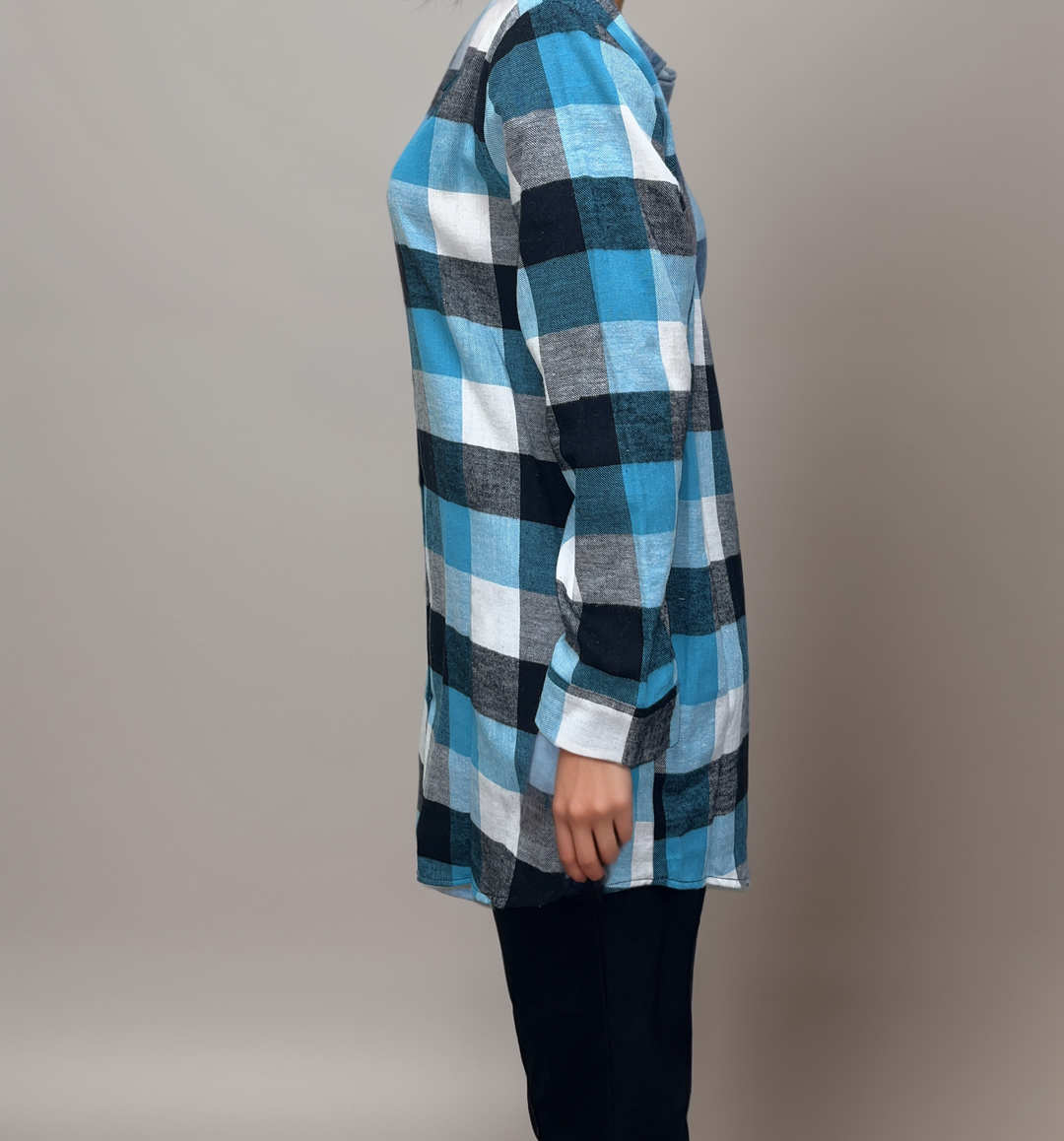 Plaid Flannel Button-Up Shirt - Teal and Black