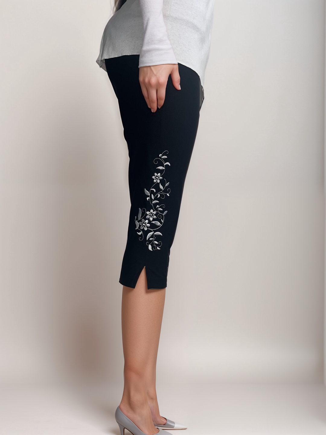 Midnight Black Embroidered Capri