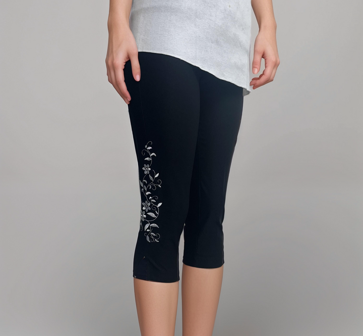 Midnight Black Embroidered Capri