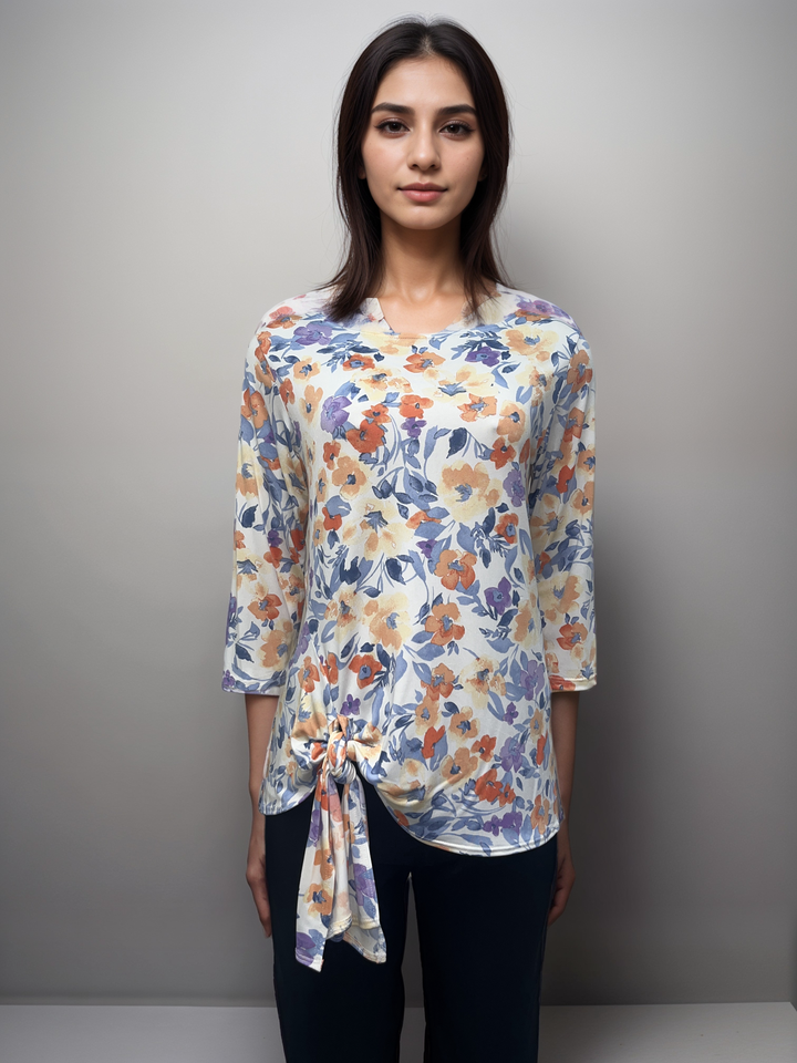 Floral Asymmetrical Tie-Front Top